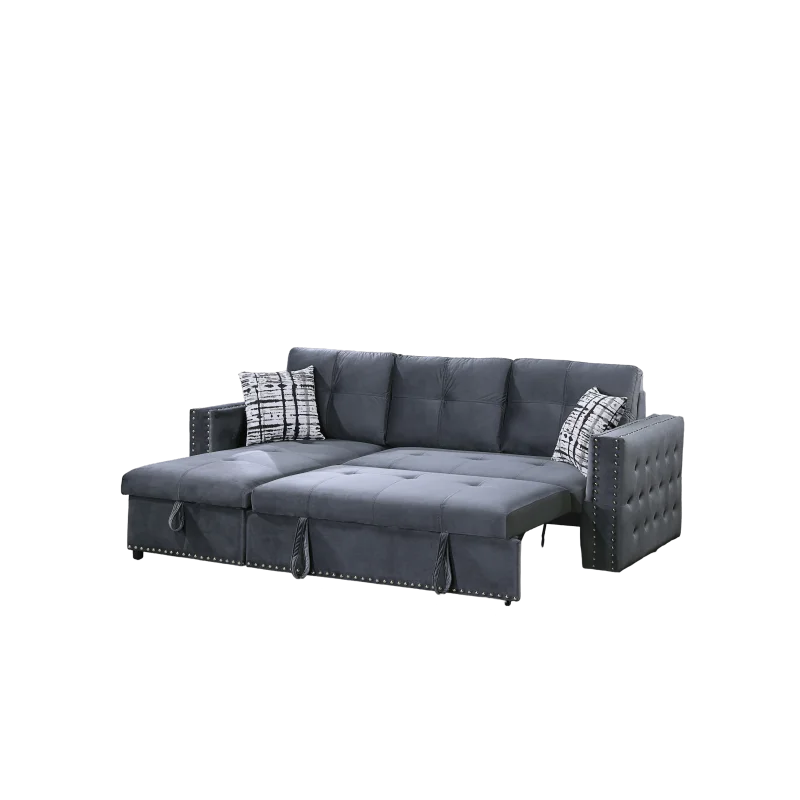 Gray Velvet Convertible Sectional Sofa Pull out Bed Couch Storage Chaise Tufted Reversible 2pc Sectional Living Room