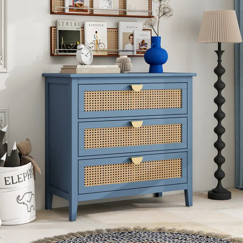 blue  Drawer Cabinet,Natural rattan,American Furniture,Suitable for bedroom, living room, study