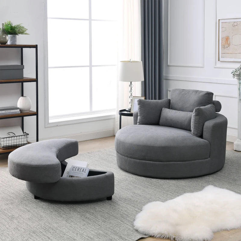 Modern Dark Grey Sofa Lounge Club Big Round Chair with Storage Ottoman Linen Fabric for Living Room Hotel with Pillows