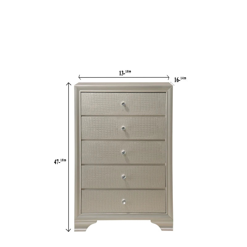 1pc Modern Glam Style Champagne Finish ,Five Drawer Chest Embossed Crocodile Pattern Wooden Bedroom Furniture