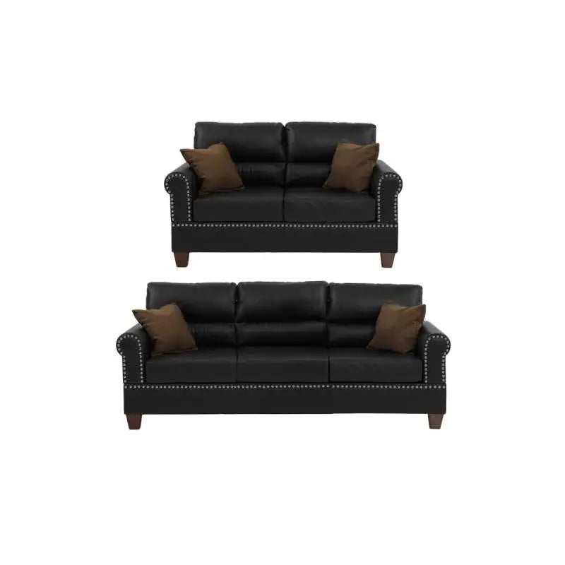 Living Room Furniture Black Bonded Leather 2pc Sofa Set Sofa