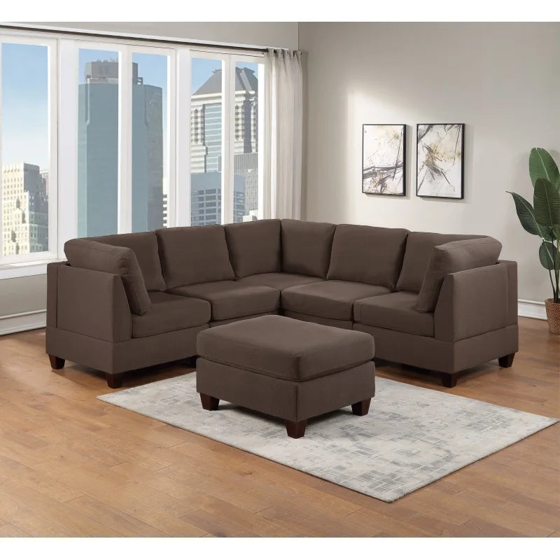 6pc Set Living Room Furniture Corner Sectional Couch Grey Linen Like Fabric 3x Corner Wedge 2x Armless Chairs and 1x Ottoman