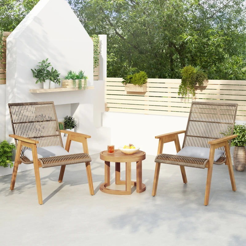 Outdoor Acacia Wood 3-Piece Lounge Set: 2 Cape Woven Wicker Lounge Chairs with Pillows + 18" Solid Side Table for Patio