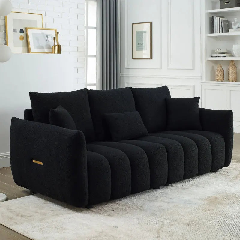 82" Premium Teddy fabric black Sofa with 3 Back Pillows and 3 back Cushions Solid Wood Frame 3-Seater Sofa