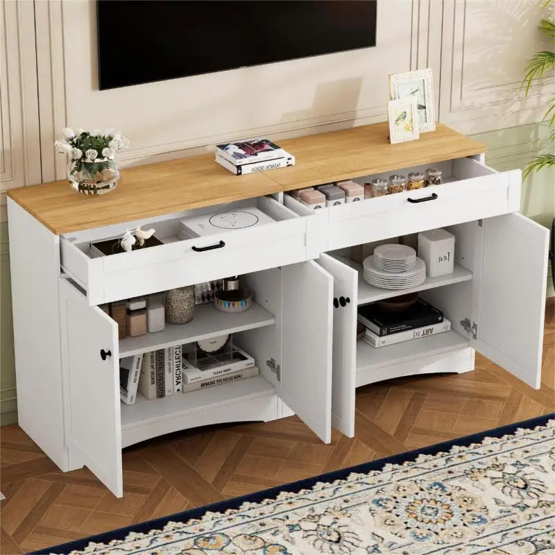 White TV Stand with 2 Drawers for TVs Up to 70",  Mid-Century Buffet Cabinet with Rustic Handles for Living Room or Bedroom