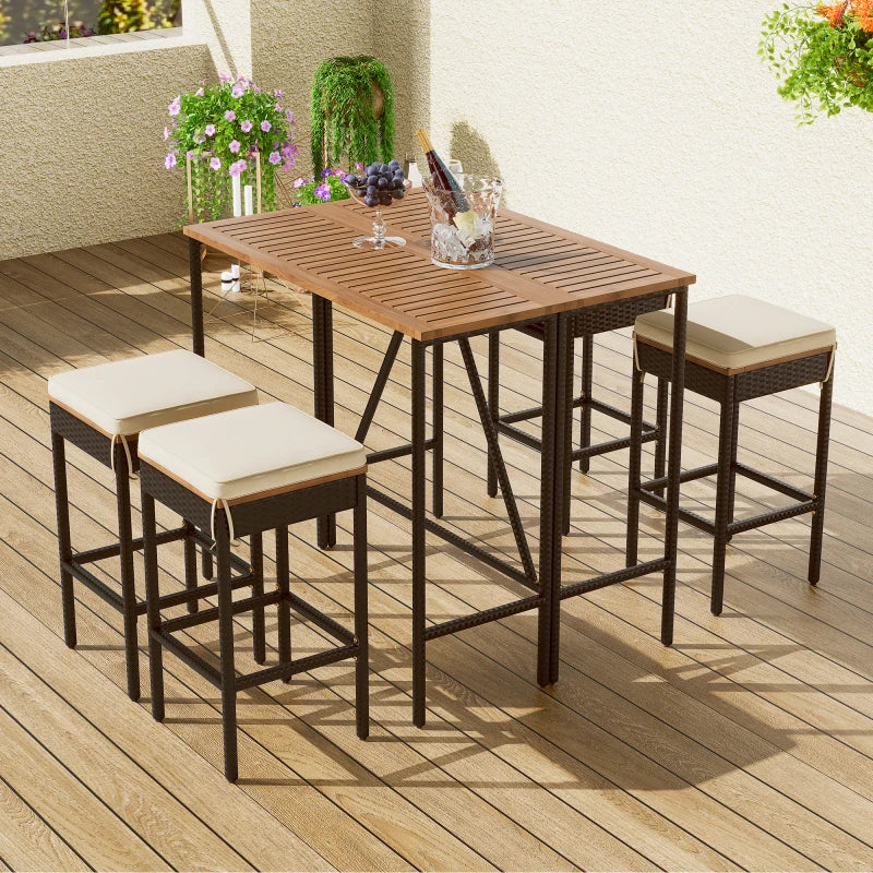 Outdoor Acacia Wood Bar Height Table And Four Stools With Cushions,  All-Weather Patio Furniture