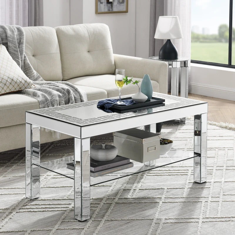 W 40 "X D 20" X H 20 "Curved border carved mirror coffee table: Silver mirror glass tabletop with sparkling diamond edge frame