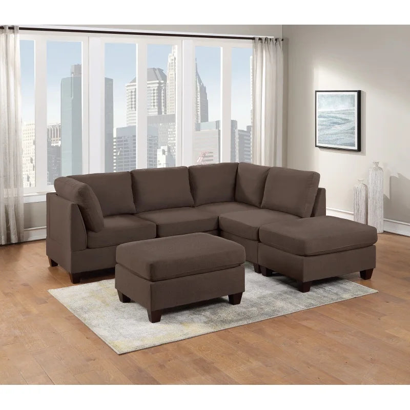 Modular Sectional 6pc Set Living Room Furniture L-Sectional Black Coffee Linen Like Fabric