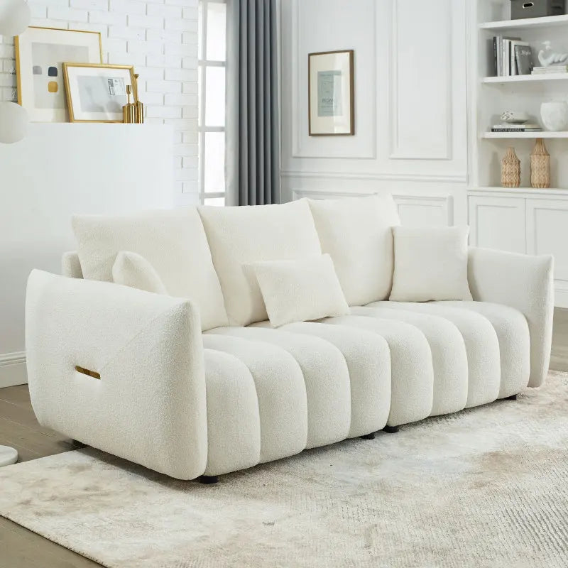 82" Premium Teddy fabric beige Sofa with 3 Back Pillows and 3 back Cushions Solid Wood Frame 3-Seater Sofa
