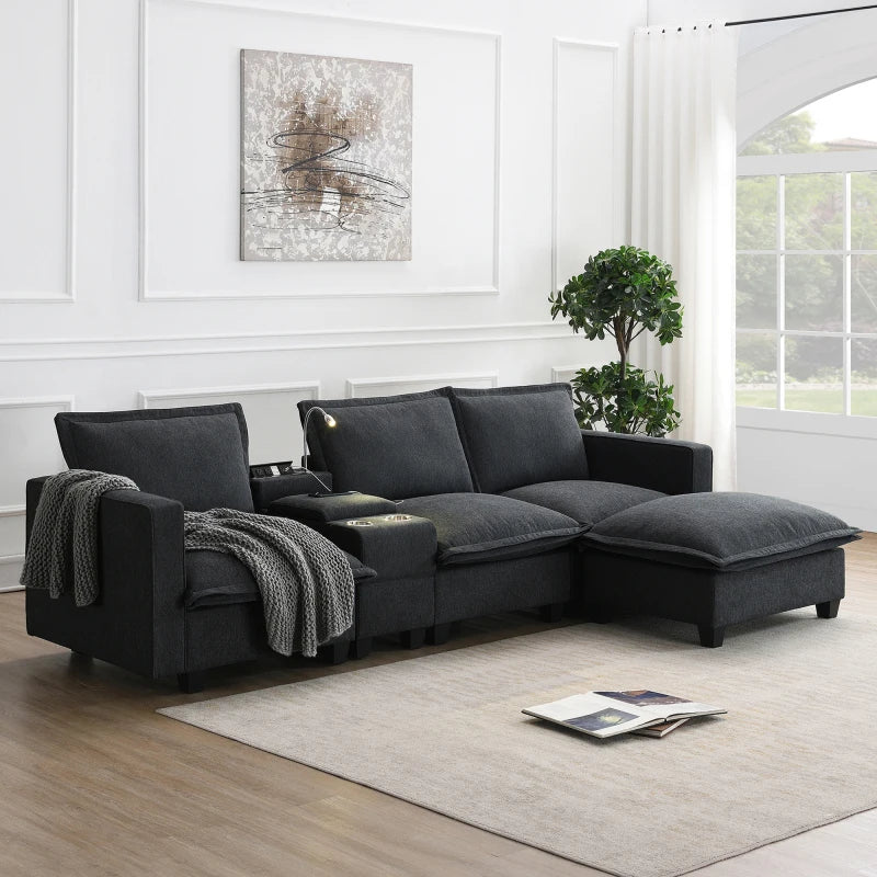 109*57"Modern Sectional Cloud Sofa with Console,USB Charging Port,Reading Light,Cup Holder,4 Seat Chenille Modular Couch