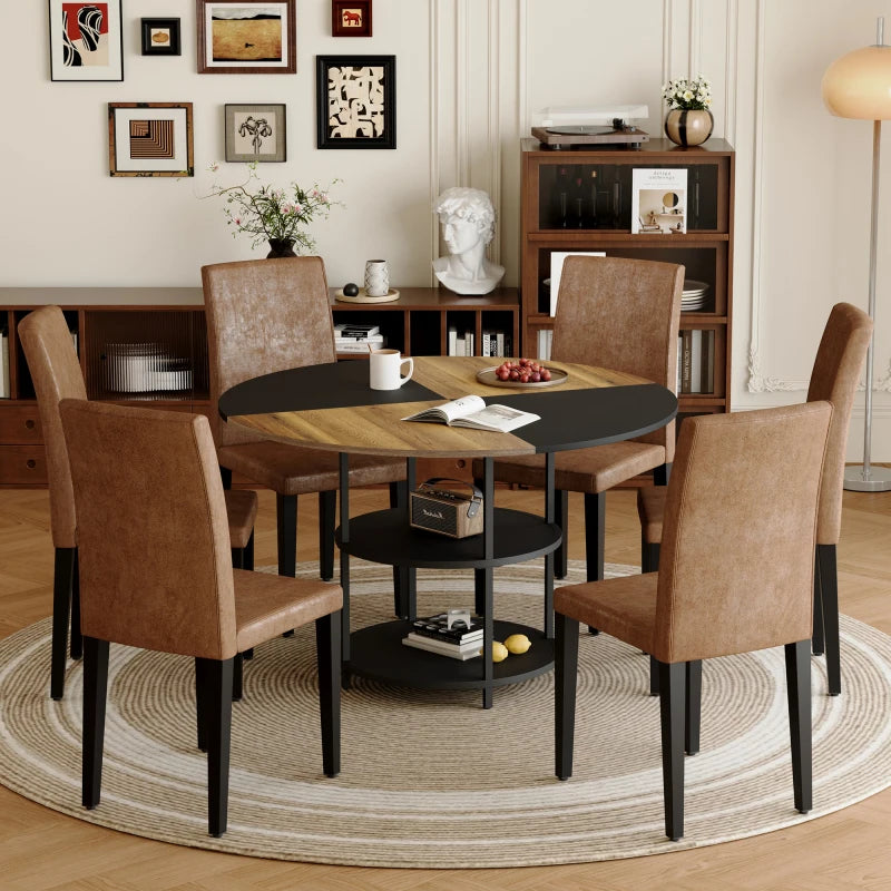 Table and chair set modern spliced circular dining table,double-layer storage.Paired With 6 brown  fabric dining chairs