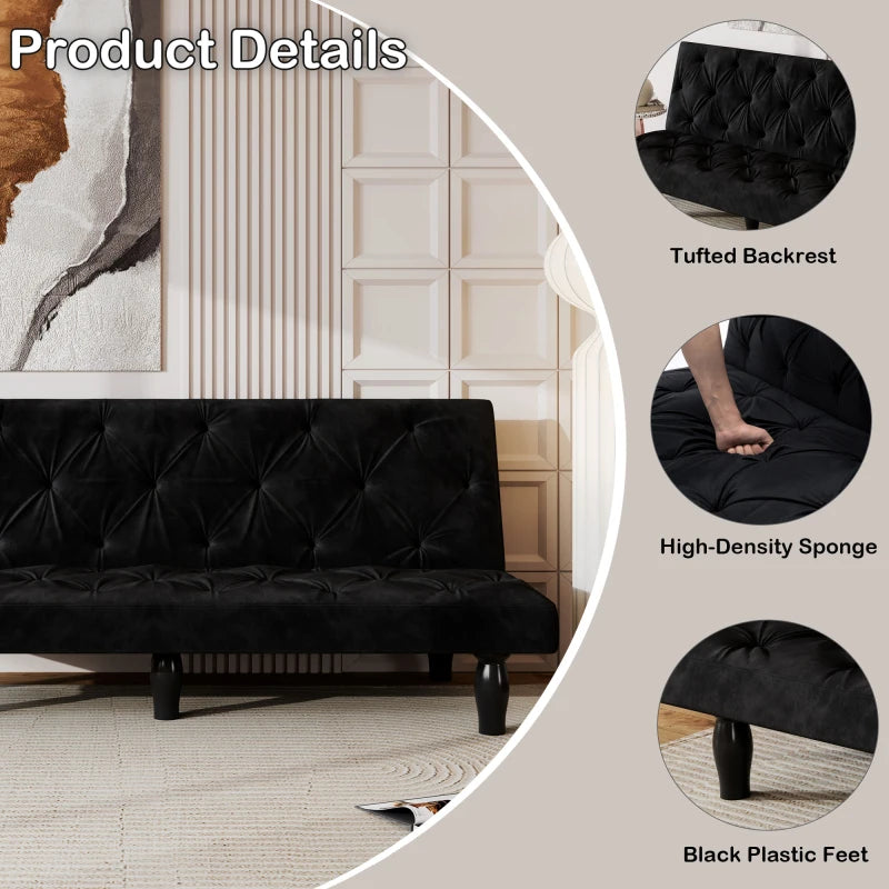 66" Matt Black Velvet Sofa Bed, Ideal for Family Living Rooms, Apartments and Bedrooms