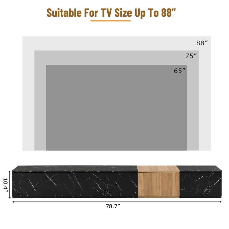 TV stand, decorated with artificial marble and walnut wood grain, living room with 4 storage drawers, black