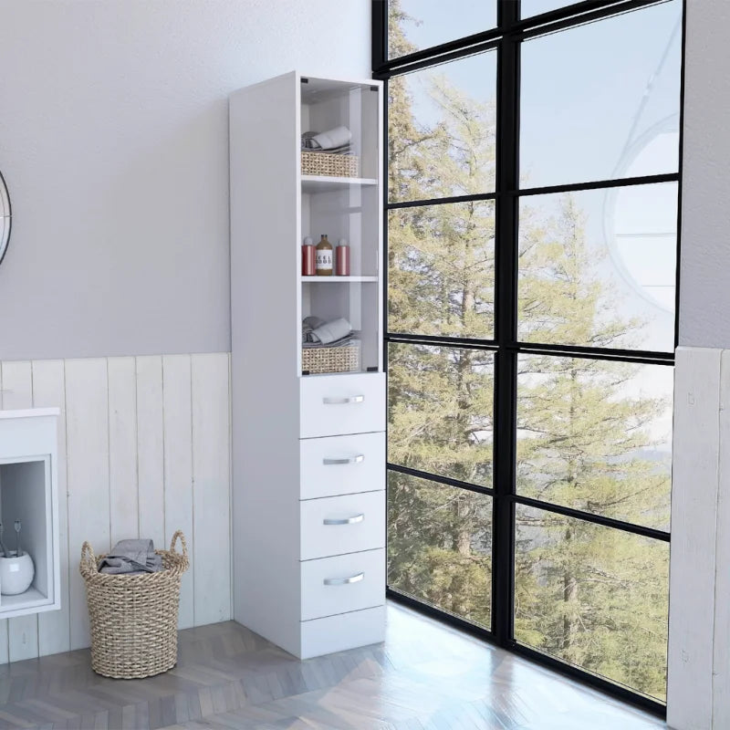 Linen cabinet strip, three shelves, single door, white finish, living room cabinet