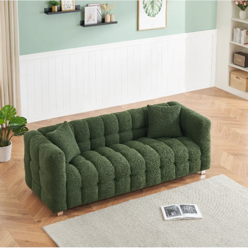Green teddy fleece sofa 80 inch discharge in living room bedroom with two throw pillows hardware foot support