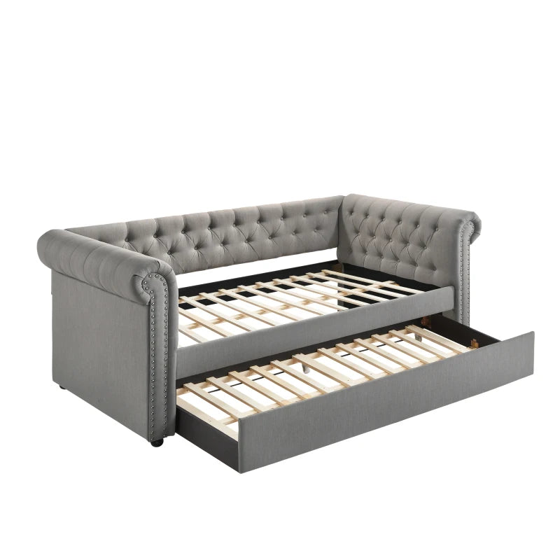 1pc Button Tufted Nailhead Trim Design ,Daybed Built-in pull-out Trundle Bed Living Space Guest Room Bedroom Dove Gray