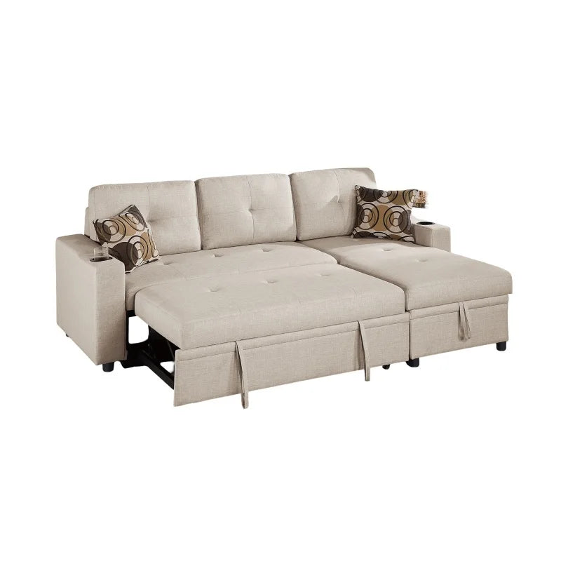 Beige Fabric Convertible Sectional Sofa Pull out Bed Couch Storage Chaise Cup Holders 2pc Sectional Living Room