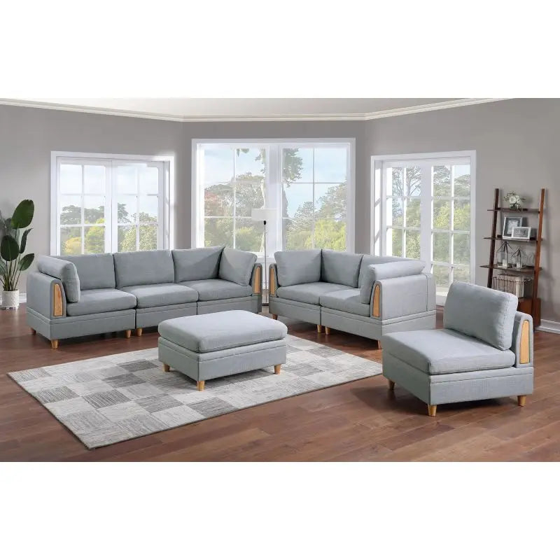 7pc Modular Sofa Set Light Grey Dorris Fabric ,Couch 4xCorner Wedges 2xArmless Chair And 1x Ottoman