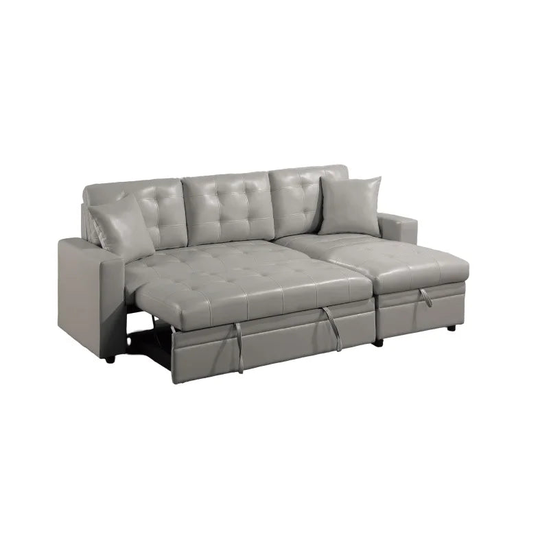 Light Gray Faux Leather Convertible Sectional Sofa Pull out Bed Couch Storage Chaise Tufted Reversible 2pc Sectional