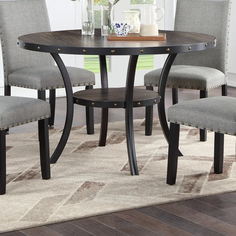Wooden Round Dining Table 4x Side Chairs Gray Fabric Nail heads Trim and Storage Shelve 5pc Dining Set,Modern Classic Natural