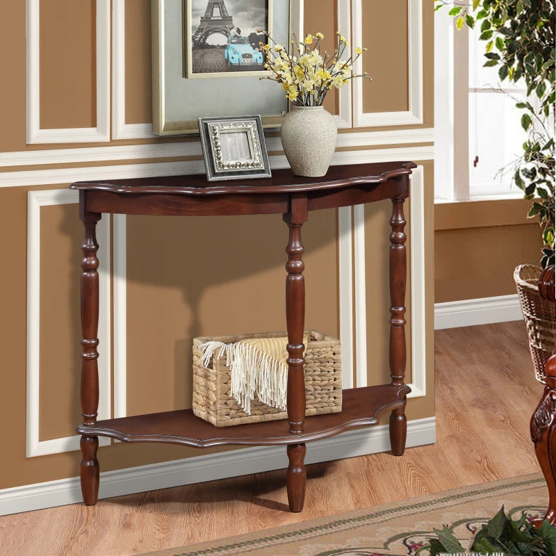 Retro Circular Curved Half-Moon Console Table with Cloud Design Top and Open Shelf Solid Wood Frame and Legs, Light Espresso