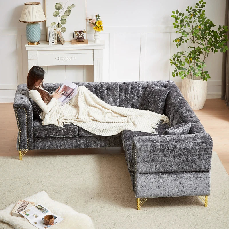 81.5-Inch Chenille Corner Sofa , L-Shaped Sectional Couch, 5-Seater Corner Sofas with 3 Cushions for Living Room, Bedroom