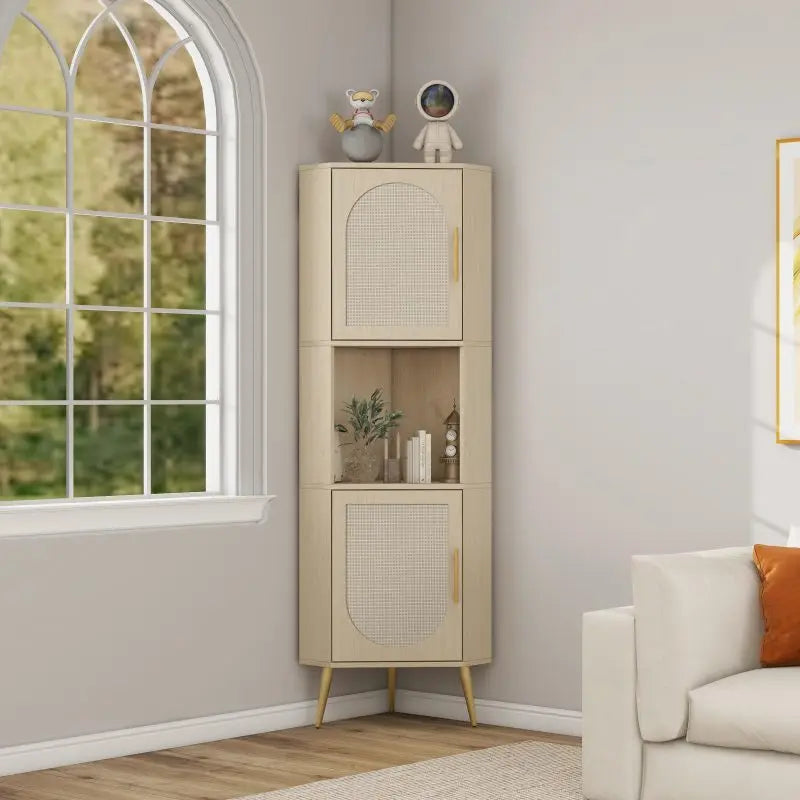 Corner cabinet ,Rattan door,Freestanding Corner Tables For Small Spaces, Corner Shelf Stand For Living Room, Kitchen