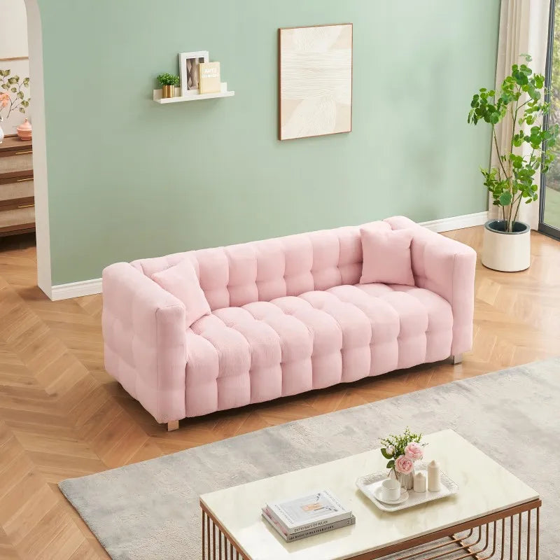 Pink teddy fleece sofa 80 inch discharge in living room bedroom with two throw pillows hardware foot support