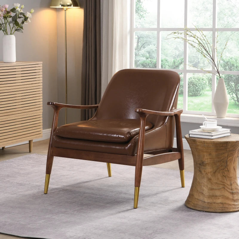 Faux Leather Accent Chair, Solid Wood Frame, and Brass-Tipped Legs – Perfect for Living Room, Bedroom, or Office Lounge