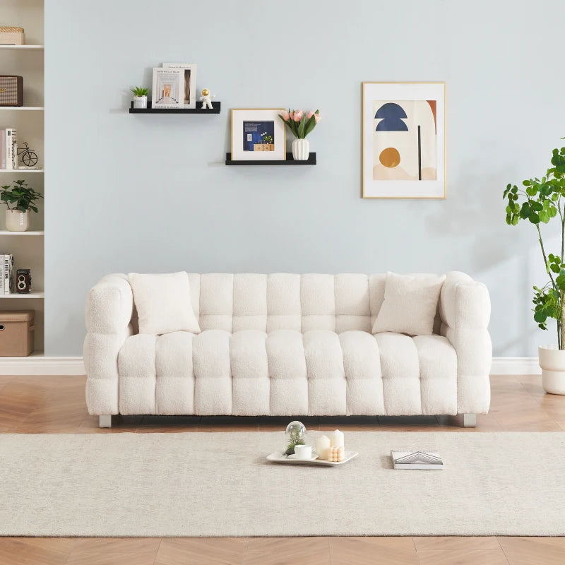 Beige teddy fleece sofa 80 inch discharge in living room bedroom with two throw pillows hardware foot support