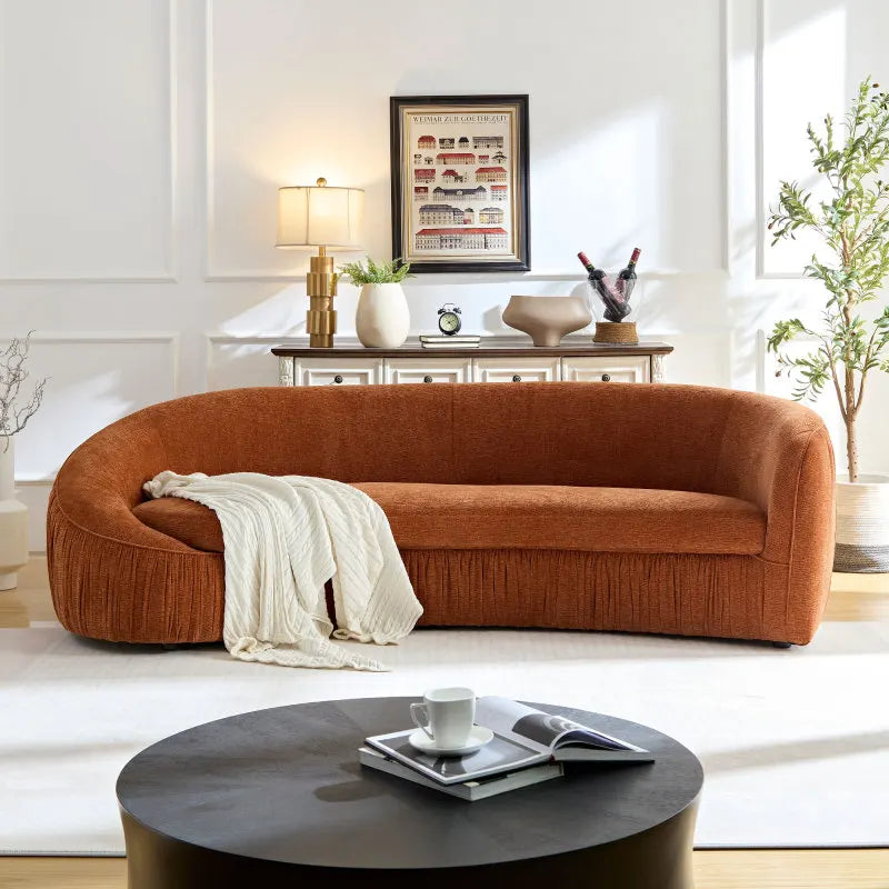92.13 Inch Modern Design Curved Shaped Orange Sofa Couch for Living Room,Upholstered Fabric 4-Seat , No Need to Assembly Couch