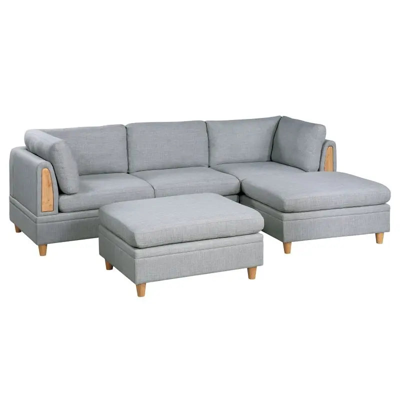5pc Modular Sofa Set Light Grey Fabric ,Couch 2x Corner Wedges 1x Armless Chair And 2x Ottoman
