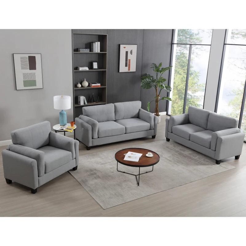 Modern 3 Pieces Sofa Set for Living Room Double Armrest Comfy Deep Seat Furniture Sets Chair & Loveseat & 3 Seater Couch,Gray