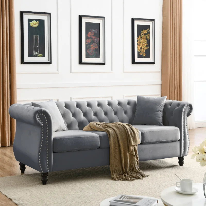 80" Sofa 3 Seater velvet Grey Sofa Tufted Couch with Rolled Arms and Nailhead for Living Room, Bedroom, Office, Apartment