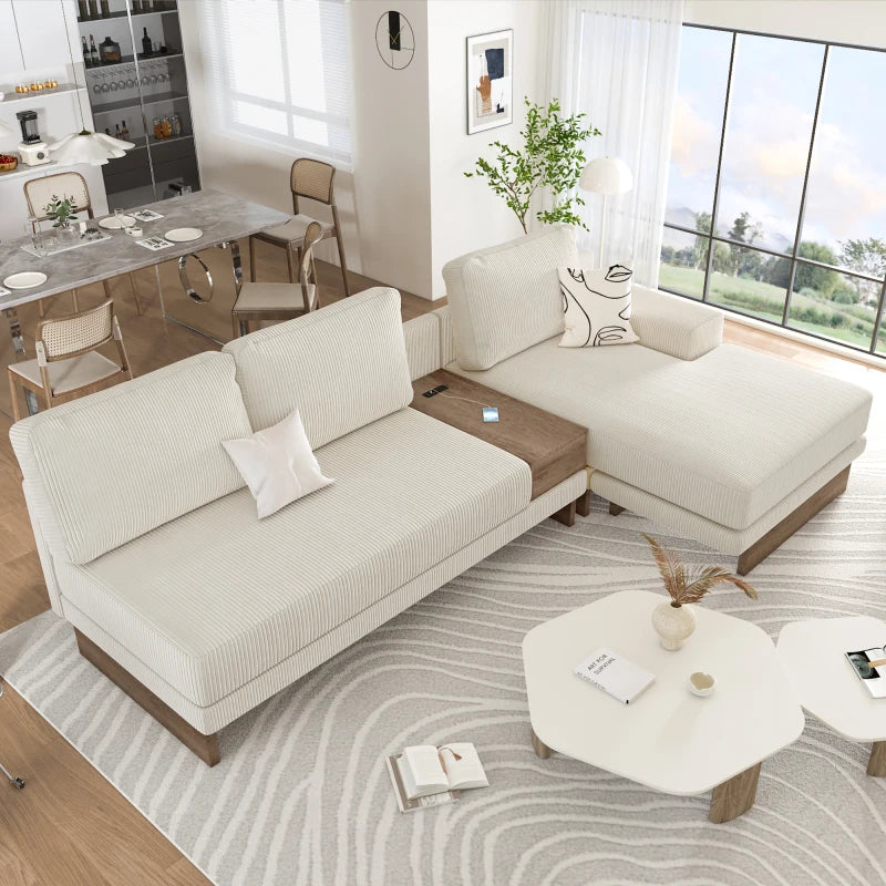 114" L-shaped Sofa Sectional Sofa with Two USB Ports and Two Power Sockets,a Storage Drawer and a Reversible Chaise Lounge,Beige