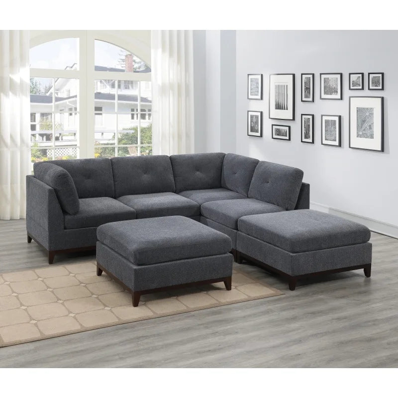 Ash Grey Chenille Fabric Modular Sectional 6pc Set Living Room Furniture Corner L-Sectional Couch