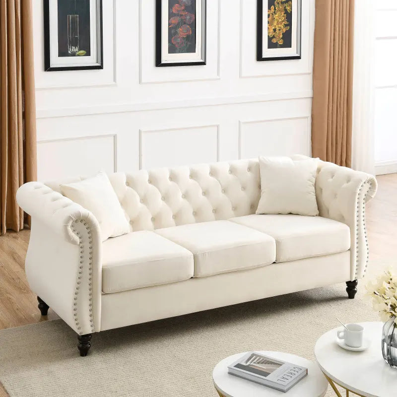 80" Sofa 3 Seater Sofa Tufted Couch with Rolled Arms and Nailhead for Living Room, Bedroom, Office, Apartment, two pillows