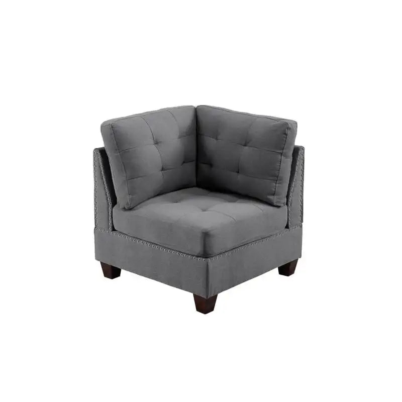 Living Room Furniture Tufted Corner Wedge Grey Linen Like Fabric ,1pc Cushion Nail heads Wedge Sofa Wooden Legs