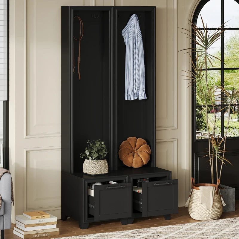 Elegant Free Standing  with Black Retro Handles, Seating Bench with Storage Drawers for Hallway, Living Room, Black