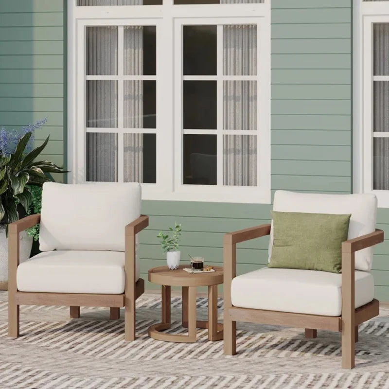 Patio Acacia Wood Outdoor Furniture Conversation Seat with Table for Porch, Garden, Backyard, Balcony, Brown wash, Beige cushion
