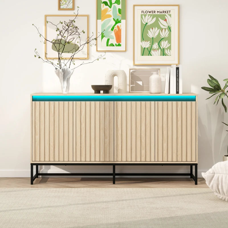 Carved 4 Door Sideboard with LED, Buffet Cabinet Storage Cabinet Modern Coffee Bar Cabinet With Adjustable Shelf