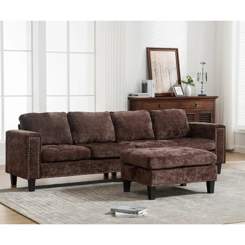 5Seat Modular Sofa,with Storage Ottoman, Convertible Sectional Sofa, L Shaped Couch ,Riveted sofa,Chenille, Brown