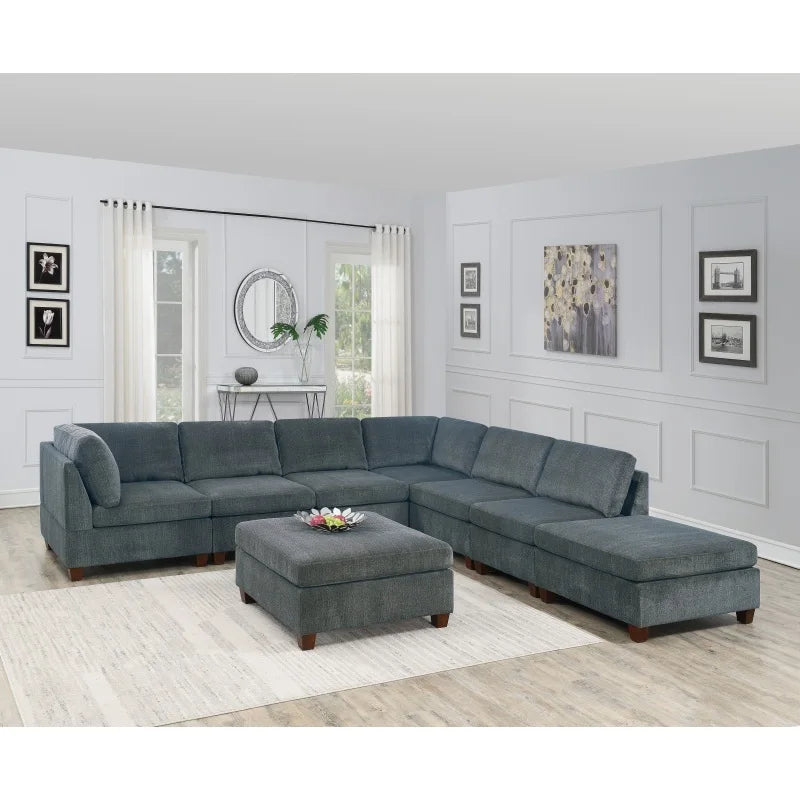 Living Room Furniture Grey Chenille Modular Sectional 8pc Set Large Corner L-Sectional Modern Couch