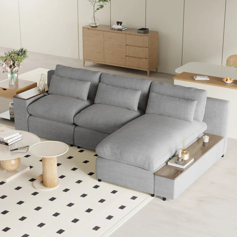 U_Style L-shaped Modular Sectional Sofa with Removable Back Cushions,3 Pillows and 2 Storage Spaces,Suitable for Living rooms