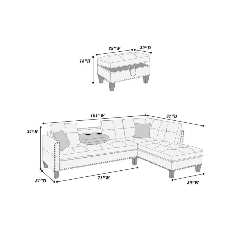 Living Room Furniture 3Sectional Sofa Set LAF Sofa RAF Chaise And Storage Cup Holder Taupe Grey Color Linen-Like Fabric Couch