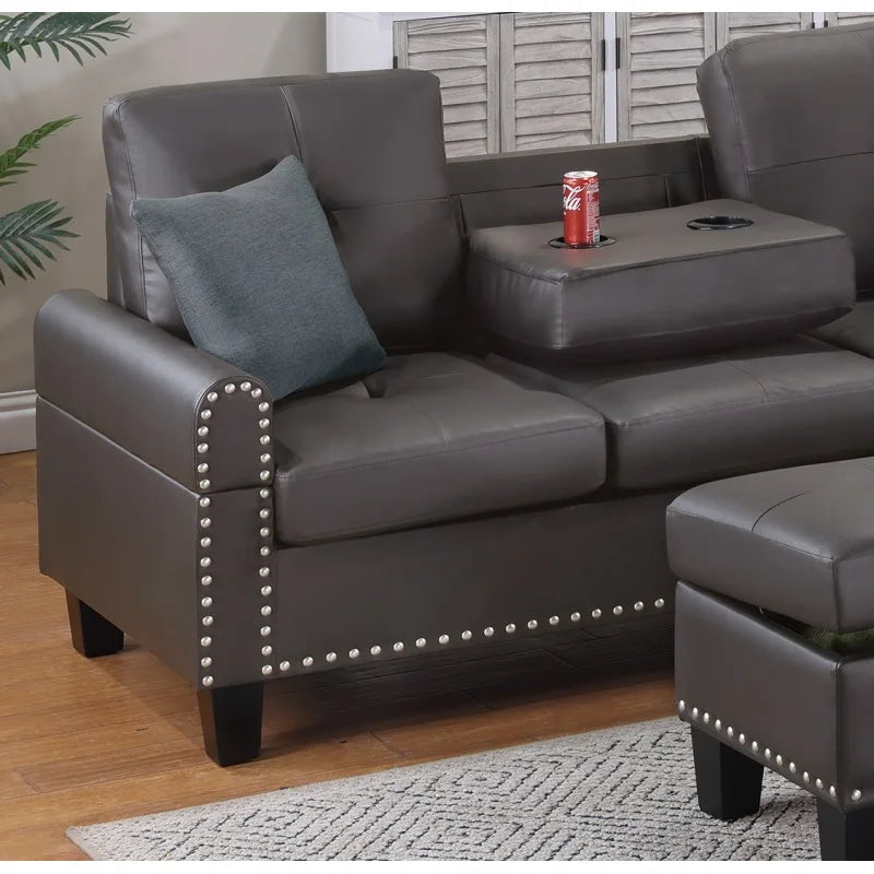 Espresso Faux Leather Living Room Furniture 3-PCS Sectional Sofa Set Sofa  Chaise And Storage Ottoman Cup Holder Couch