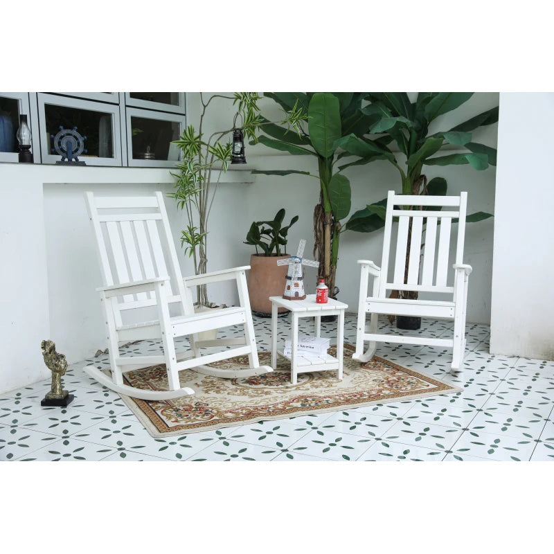 White All Weather Rocking Chair Set with Table, 3Piece Rocking Chair Set with Wood-Texture