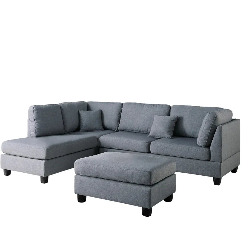 Grey Color 3pcs Reversible Chaise Sofa Living Room, Ottoman Polyfiber Linen Like Fabric Cushion Couch