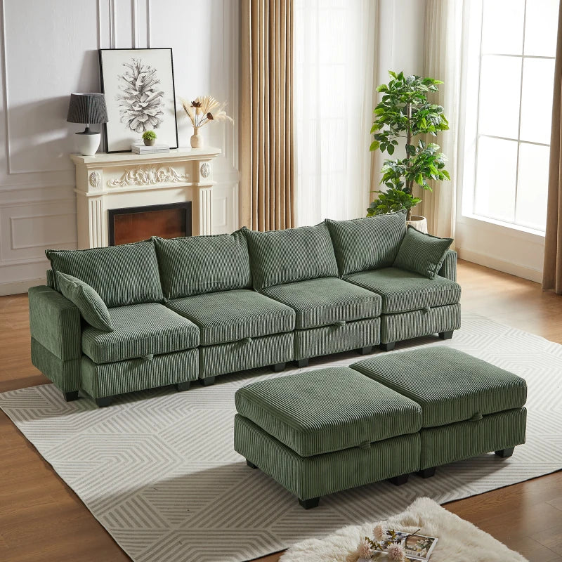 Green Sectiona Corduroy Sofa, Sectional Couches for Living Room U Shaped Sectional Couch.6 Seats Sectionals with Chaise