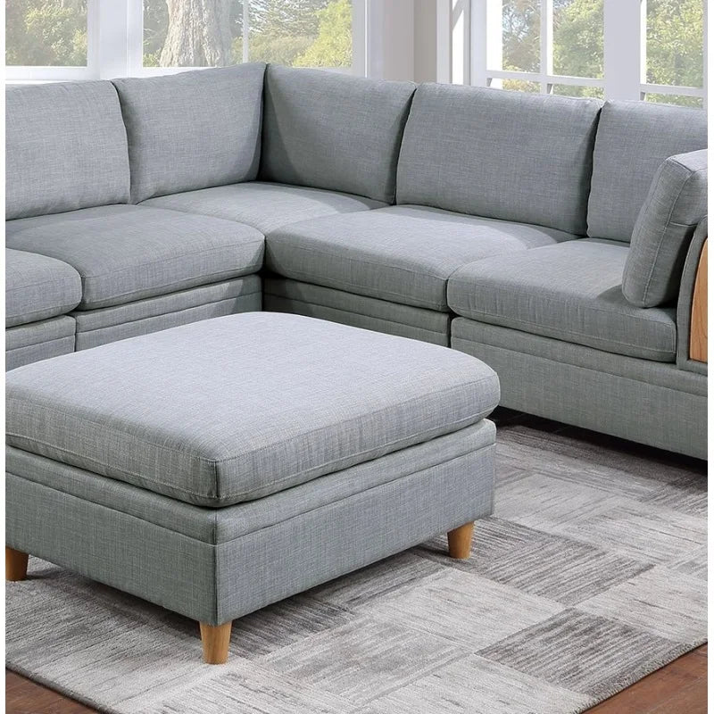 Modular Sofa 6pc  Set Light Grey Fabric, Couch 3x Corner Wedges 2x Armless Chair And 1x Ottoman  ﻿